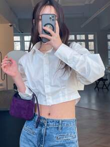 DAZY Women's Solid Color Tie-Waist Cropped Long Sleeve Shirt, White, Spring/Summer/Autumn