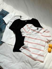 Comfortcana Bộ 3 Áo thun nữ cổ tròn tay ngắn cơ bản, đen và trắng - Nhiều màu - Xem 3