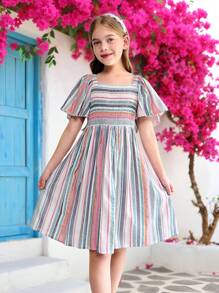 青少年女孩休闲节日编织彩色条纹荷叶边方领纽扣后背镂空设计连衣裙 - 彩色 - 查看 2