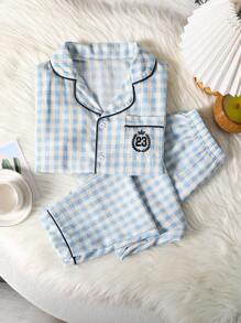 青少年男童两件套睡衣套装 - 格子皱褶印花撞色边舒适短袖衬衫和裤子家居服 - 藍白色 - 查看 1
