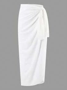 SHEIN 2pcs/Set Women's White Lace Patchwork Halter One Piece Swimwear With Tie Wrap Skirt Beachwear Set, Summer - Black - View 5