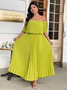 DreamSkyne 大码优雅露肩褶皱连衣裙 - 綠色 - 查看 6