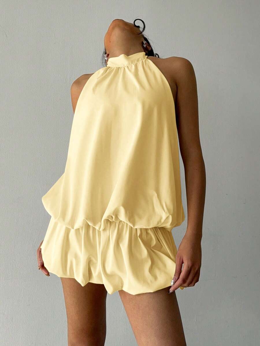Aloruh Women's Vacation Solid Color Ruffle Hem Fashionable Halter Mini Dress,Summer Dresses For Women Dresses For Wedding Event,Yellow Short Dress - Yellow - View 1