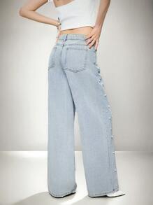 SHEIN EZwear 女士休闲宽松阔腿牛仔裤，蓝色 - 淺色水洗藍 - 查看 3