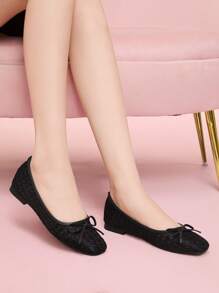 CUCCOO DOLLMOD Round Toe Soft Bottom Suede Strap Splicing Color Metal Rivet Decor Bow Ballet Flat Slip-On Women Loafers - Black - View 3