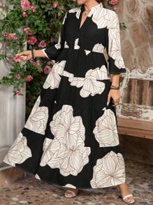 SHEIN LUNE 大码花卉印花休闲四层 V 领荷叶边短袖多层下摆摇摆夏季连衣裙，适合度假和休闲穿着 Ramadam - 黑色 - 查看 5