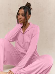 MISSGUIDED Loungewear Set Collared Button Down Top Wide Leg Palazzo Pants Cozy Matching Pajama Set Soft Stretchy Sleepwear Nightwear Relaxed Fit - Pink - View 3