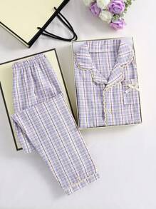少女简约黑白经典格纹短袖上衣和裤子两件套休闲舒适家居服睡衣套装 - 紫色 - 查看 1