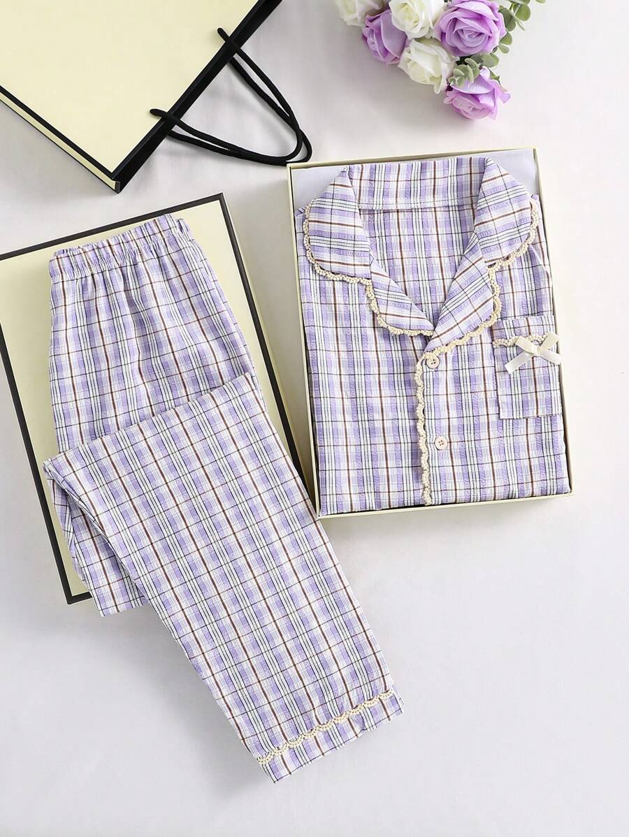 少女简约黑白经典格纹短袖上衣和裤子两件套休闲舒适家居服睡衣套装 - 紫色 - 查看 1