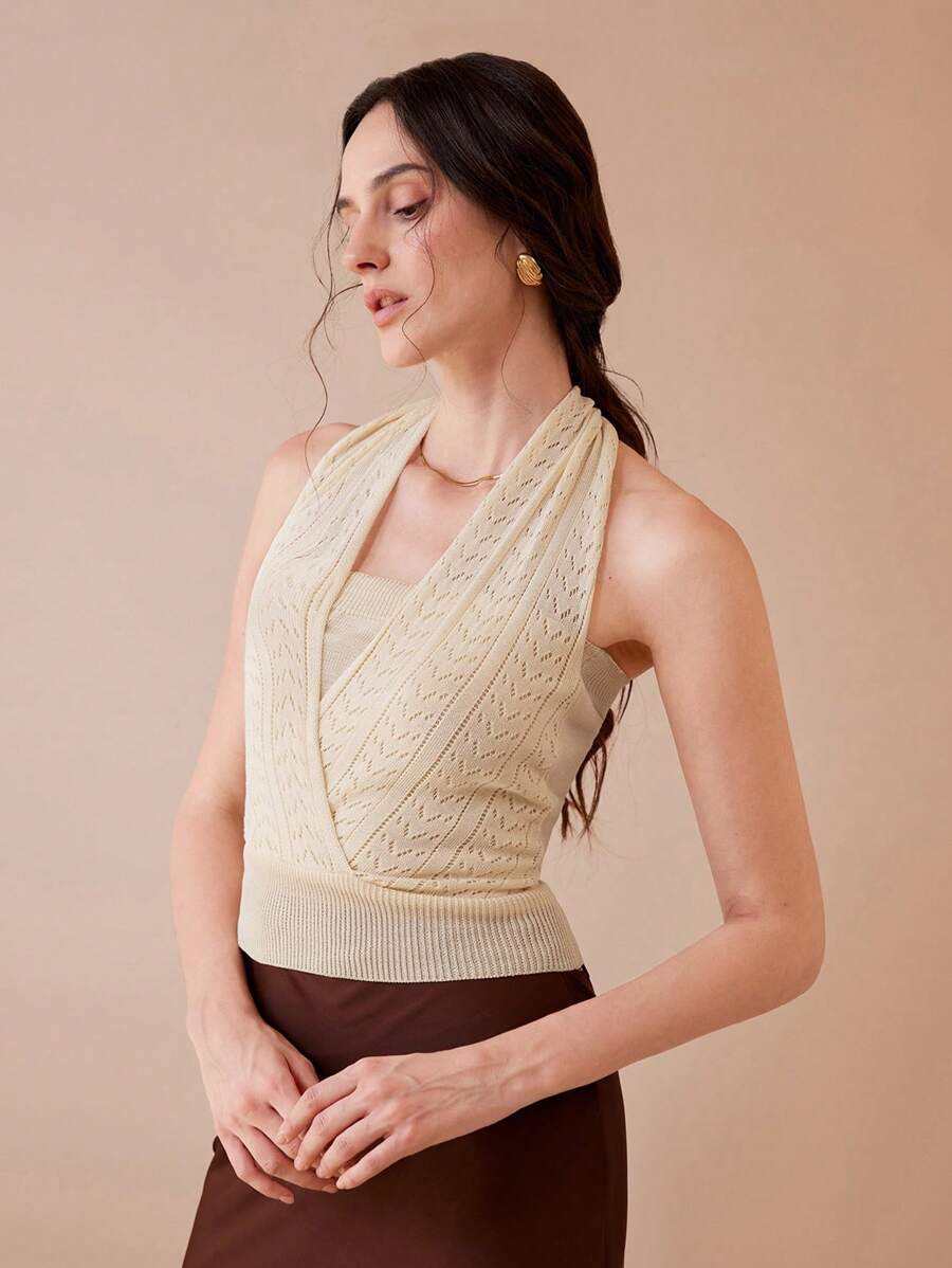 Chiquease Parte superior de punto de verano, elegante y entallada, con diseño de escote halter y calado - Albaricoque - Ver 1