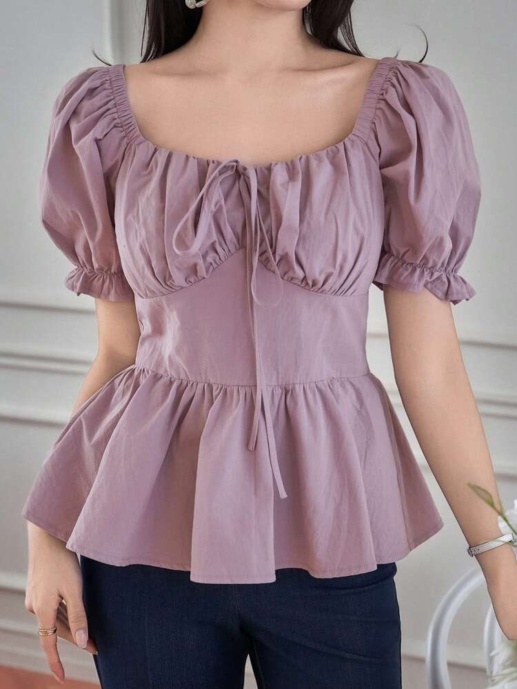 Solid Color Square Collar Puff Sleeve Pleated Women Blouse Babydoll Top