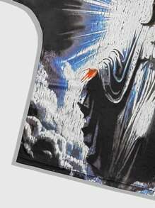 ROMWE MEN Camiseta casual de manga corta y cuello redondo con estampado de santo, versátil para hombres