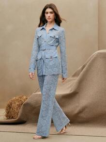 Anewsta Traje elegante de mujer con blazer de manga larga con encaje calado y pantalones, para usar en la oficina, primavera/verano - Neblina azul - Ver 4