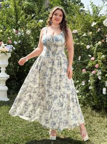 Lyrianda Plus Size Women Vintage Blue Ditsy Floral Top And Midi Skirt Set, Suitable For Vacation And Outdoor