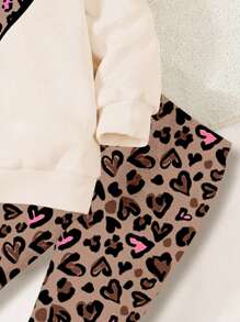 SHEIN 2pcs Young Girl Casual Leopard Heart Pattern Round Neck Long Sleeve Sweatshirt & Leggings Set, Fit For Autumn & Winter