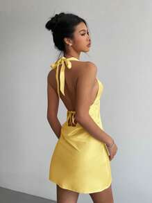 Aloruh 女式挂脖系带优雅迷你连衣裙 - 黃色 - 查看 6