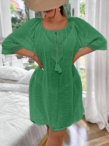 Swim Lushoire 1pc Women Plus Size Solid Drawstring Loose Comfortable Cover Up For Summer Beach Vacation - Mint Green - View 6