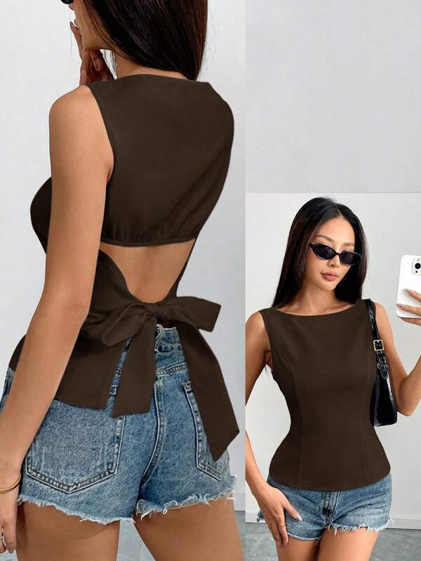 Breezaya Blusa pegada sin mangas con lazo y nudo en la espalda, unicolor, elegante, casual y sexy, ideal para la oficina y el negocio, para primavera/verano