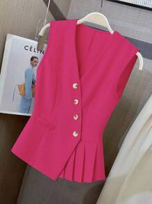 SHEIN Clasi 女士时尚通勤优雅浪漫情人节纯色褶皱不对称纽扣 V 领背心 - 玫紅色 - 查看 1