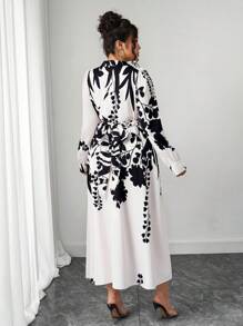 Elenzga 大码女式翻领长袖系腰黑白印花长裙，优雅浪漫风格，适合度假、海滩、旅游、春季郊游 - 黑與白 - 查看 2