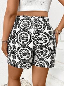 SHEIN Frenchy 大码女式休闲简约假日蓝白复古印花短裤