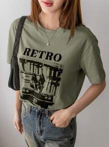 Dazy-Less Women's Loose Fit Letter Print Round Neck Casual Short Sleeve T-Shirt Summer Graphic Tee - Olive Green - View 4