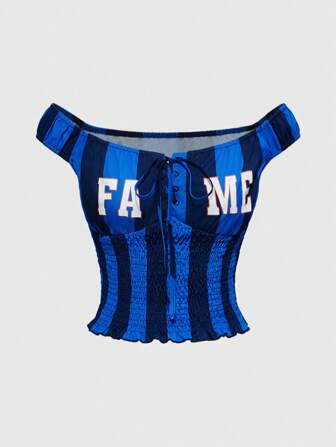 Grunge Punk Top casual estivo da donna a spalle scoperte con stampa a strisce e lettera