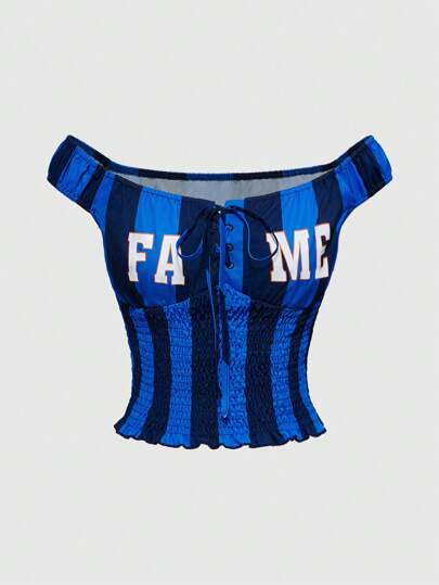 Grunge Punk ملابس علوية كاجوال للنساء بطبعة حروف ذو الكتف المنكشف مخطط، صيفي