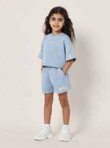 SUMWON Girls Summer Two-Piece Set Brooklyn Nyc Print Cropped Sweatshirt Shorts Set Streetwear Casual Athletic Sports Wear Spring Training Set - Dusty Blue - View 2