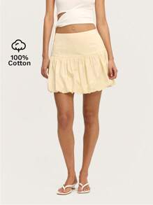 Nöista Yellow Pastel Mini Balloon Skirt In Soft Fabric With A Wide Waistband And Invisible Side Zip. Perfect For Spring-Summer, Bridal, Graduation, Or Easter. - Yellow - View 1