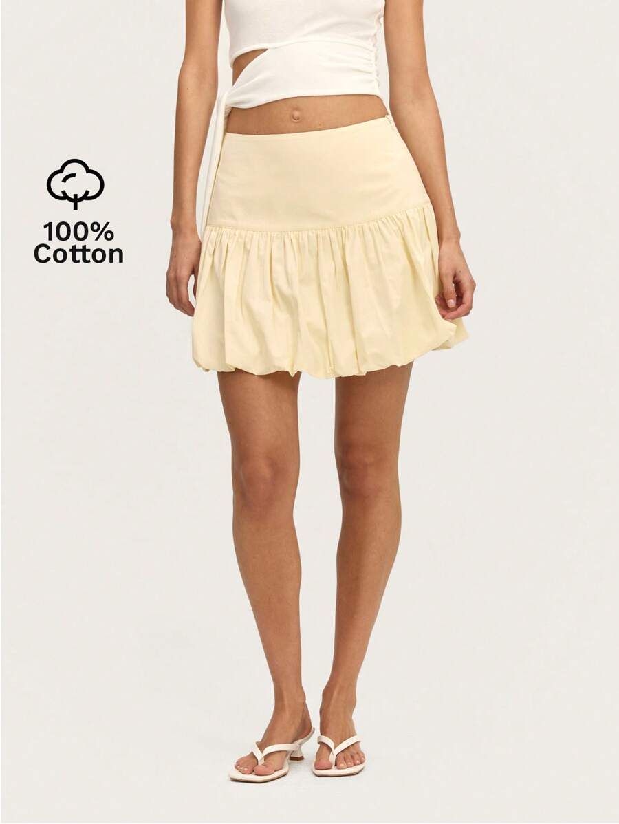 Nöista Yellow Pastel Mini Balloon Skirt In Soft Fabric With A Wide Waistband And Invisible Side Zip. Perfect For Spring-Summer, Bridal, Graduation, Or Easter. - Yellow - View 1