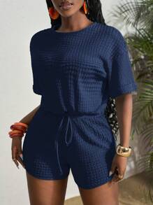 Slaydiva 春夏新款休闲基础休闲度假简约圆领落肩短袖袖口下摆抽绳宽松上衣+弧形下摆修身短裤编织皱褶针织蓝绿女两件套 - 藍色 - 查看 7