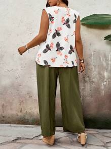 SHEIN VCAY 2pcs/Set Women Plus Size Boho Print Top And Green Pants Set, Fashion New Style For Spring And Summer Going Out Sets, Mother Day Outfit, Vacation Outfits Woman, Rave Outfit, Western Wear Women Plus - Multicolor - View 2