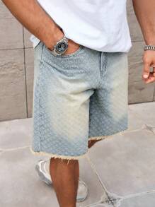 Manfinity Homme 男士休闲牛仔百慕大短裤，轻盈水洗纹理面料，磨边下摆，拉链开合