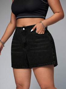 SHEIN ICON Plus Size Women Casual Denim Shorts, Fashionable For Summer - Black - View 6