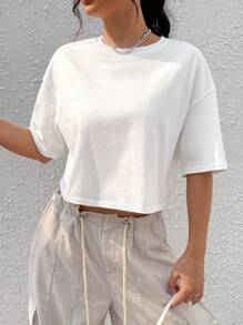 SHEIN EZwear Áo thun nữ dáng rộng, đơn giản, đa năng, thoải mái, rộng rãi, màu trắng, chất liệu 100% cotton, thoải mái, mùa hè, size lớn - trắng - Xem 6