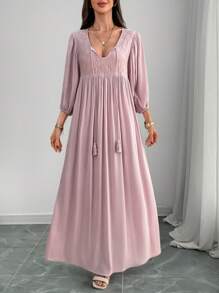 EMERY ROSE Đầm dài tay đèn lồng ren tương phản thanh lịch cho nữ - Bụi hồng - Xem 5