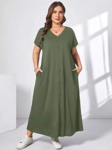 SHEIN Essnce 大码女装春夏时尚休闲宽松舒适日常短袖绿色V领口袋长裙，女装夏季服装，女装教堂服装，老钱风格女装，女装教师服装，女装机场服装，极简主义风格 - 軍綠色 - 查看 6