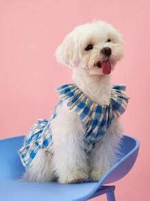 PETSIN 1 件田园风格蓝色格子蕾丝边盖袖可爱宠物狗连衣裙 - 藍色 - 查看 5