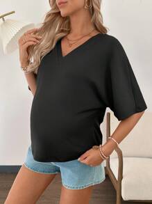 SHEIN Confortable T-shirt ample de maternité à col en V et manches chauve-souris, polyvalent pour les déplacements