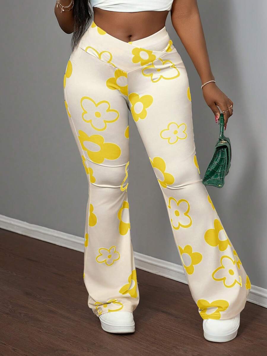 Slaydiva 新款休闲街头运动弹力腰带全枝印花两侧立体工作口袋阔腿裤女