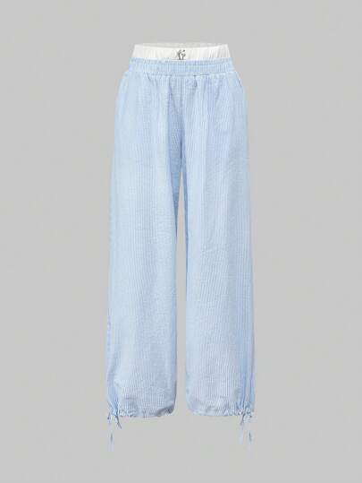 Pantalon droit détente en coton rayé style Y2K (bouche de pied ajustable), look décontracté pour la maison