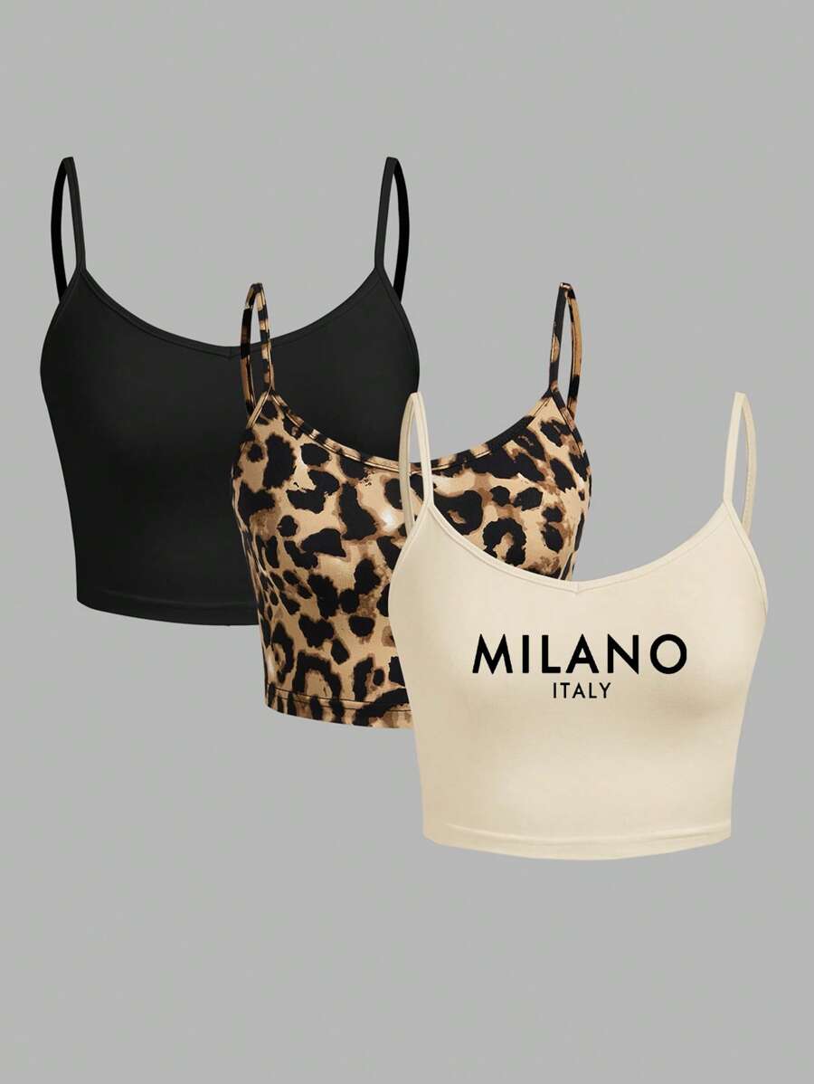 SHEIN EZwear 3 件豹纹女式短款紧身休闲吊带背心,适合夏季 - 彩色 - 查看 1