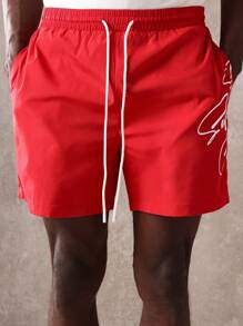 SUMWON 运动性能速干尼龙短裤夏季宽松健身跑步训练沙滩运动抽绳腰带活跃生活方式运动短裤带侧边脚本徽标印花