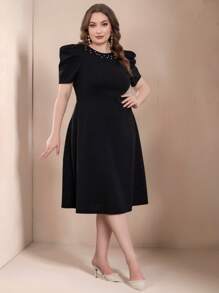 EMERY ROSE Plus Size Pearl Decorated Puff Sleeve Round Neck Dress Maxi Women Outfit - Black - View 4