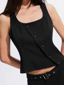 LYSMO 女士夏季休闲纯色斜前吊带背心 - 黑色 - 查看 4