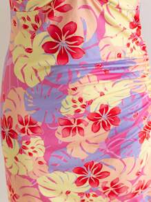 Soleia Plus Size Women Floral Print Halter Neck Ruffle Hem Fitted Vacation Dress, Back To School Clothes, Suitable For Fall - Multicolor - View 7