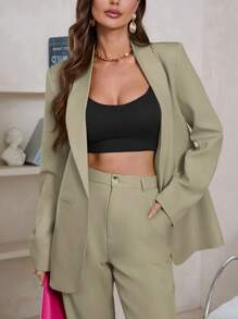 Aveloria Modichic Áo khoác blazer nữ tay dài cổ tròn màu trơn thanh lịch, dành cho mùa thu - màu xanh lá - Xem 4