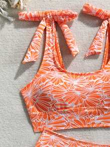 Swim Lushoire 2 件套女士泳衣套装，雏菊印花面料高弹力修身泳衣，夏季海滩度假 - 橘色 - 查看 6