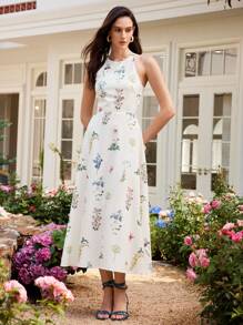 Chiquease Vestido de verano largo con estampado floral diminuto y espalda descubierta para mujer, ideal para playa y vacaciones